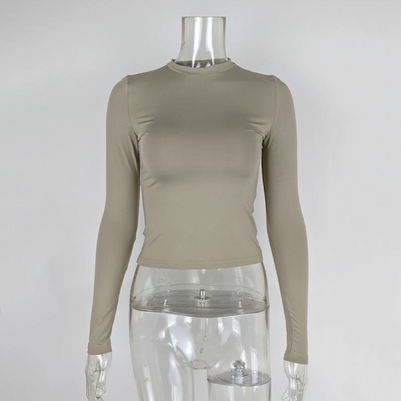 Long sleeved round neck T-shirt solid color slim fit top