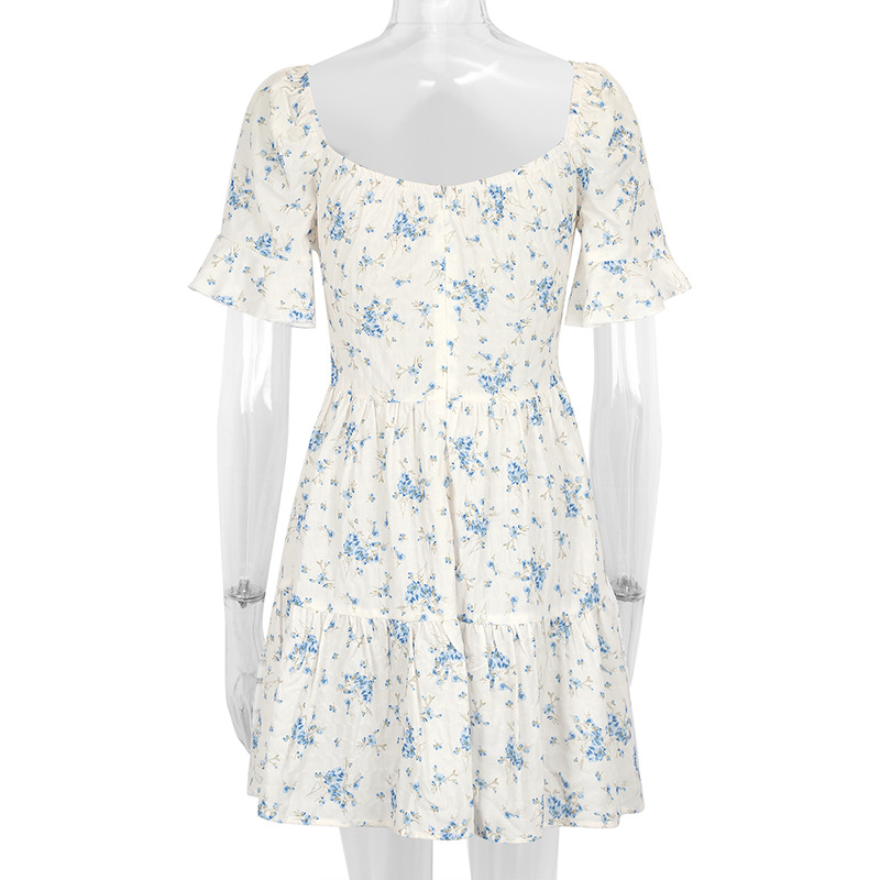 U Neck Puff Tie Waist Frilled Midi Dress