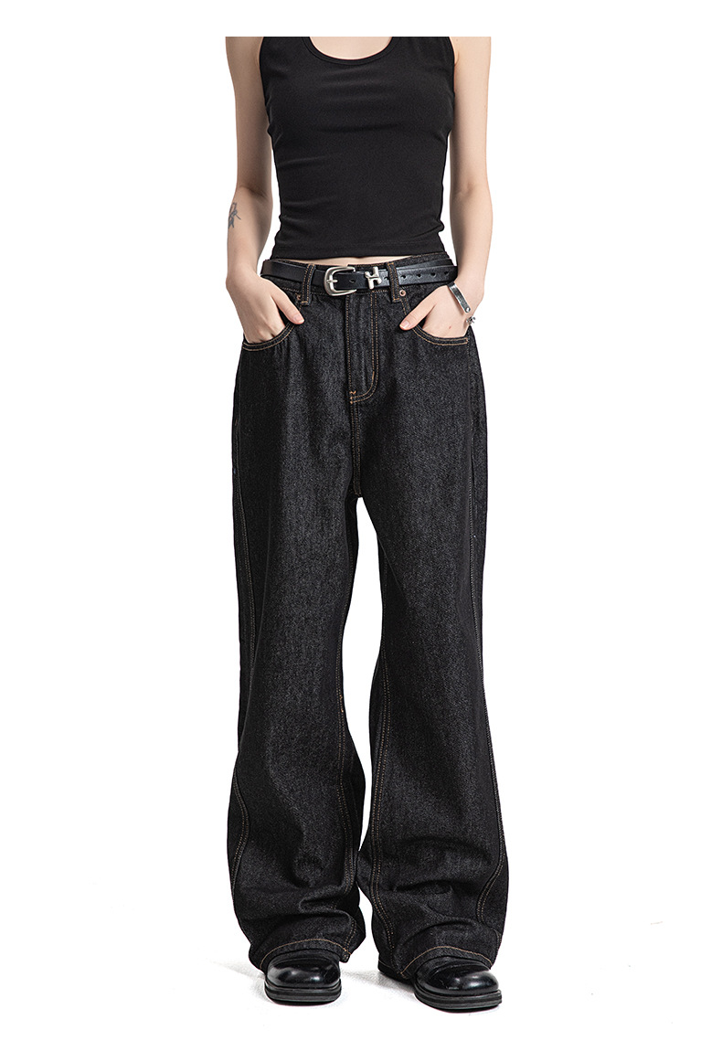 Dark Color Topstitching Straight Loose Commuting Denim Trousers Cleanfit