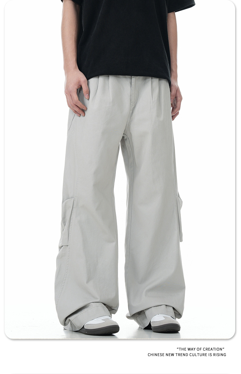 Work Pants Men Simple Cuff Zipper Design Loose Wide Leg Slim Fit Versatile Long Trousers Trendy