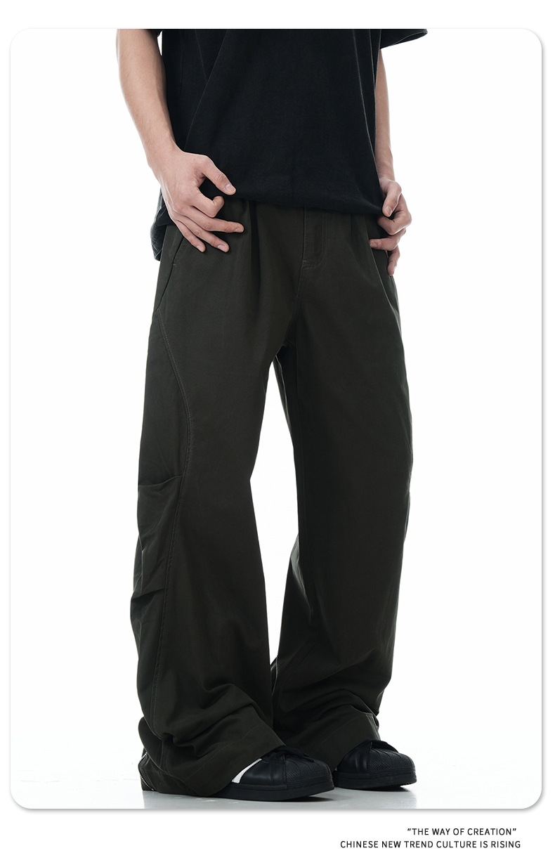 Work Pants Men Simple Cuff Zipper Design Loose Wide Leg Slim Fit Versatile Long Trousers Trendy