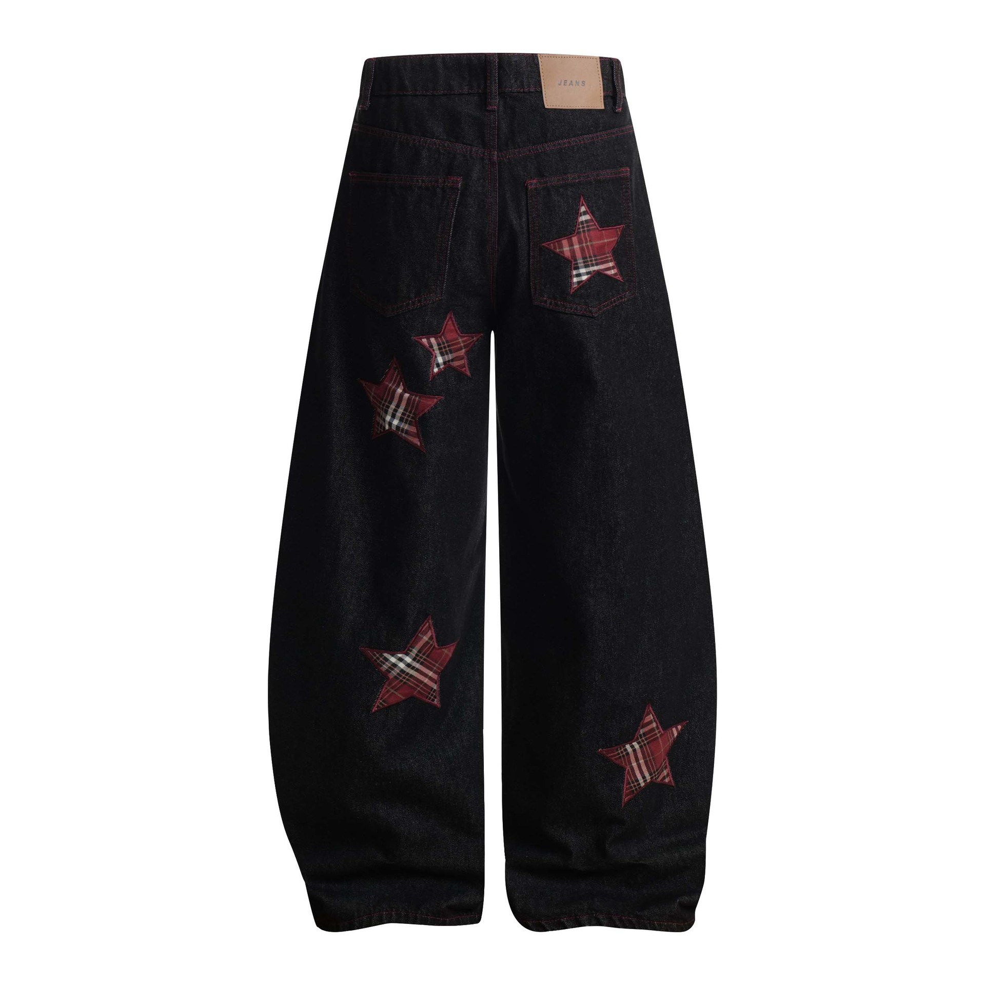 High Street Striped Star Patchwork Wide-Leg Jeans for Men and Women Loose Fit Trousers