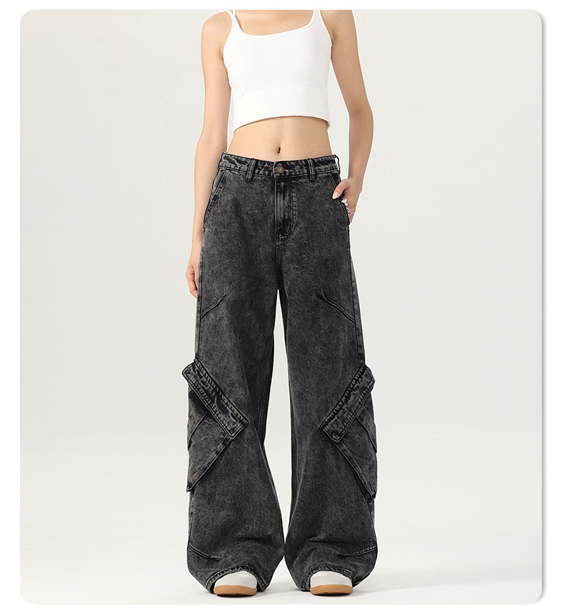 Women's Black and Gray Washed Denim Pants Summer Irregular Wide-Leg Trousers