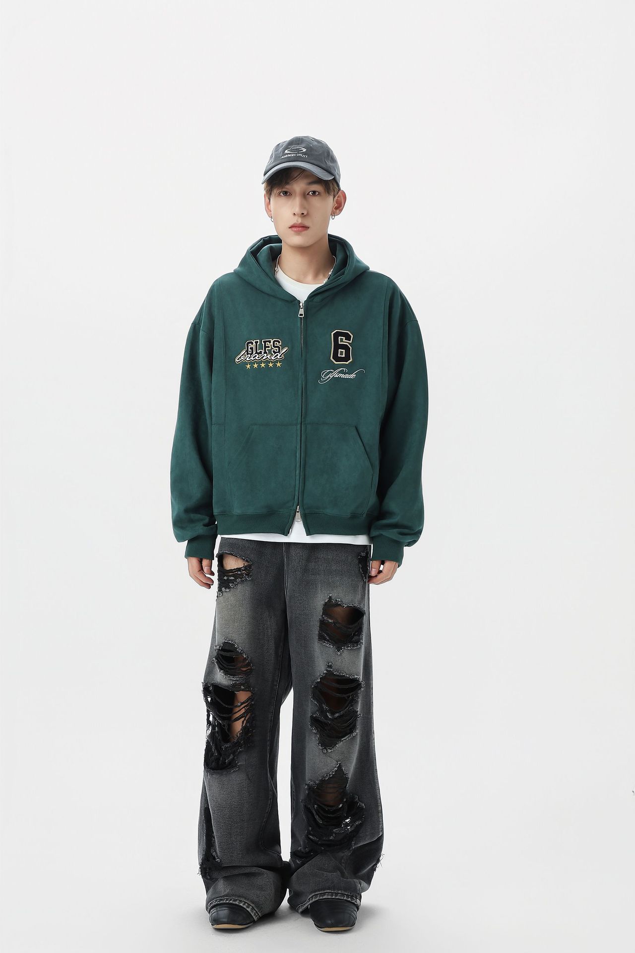 Streetwear Men Oversized Cropped Patterned Hood Zip Sweatshirt