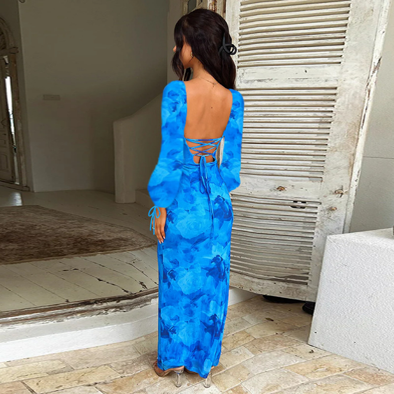 Bell-Sleeved Patterned Open Back Tie Dress