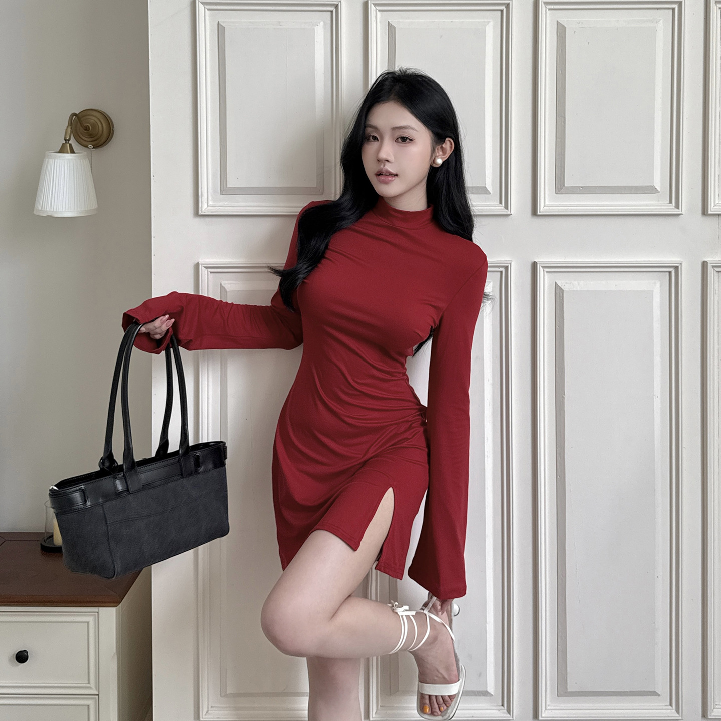 Mock Collar Solid Split Hem Bodycon Dress