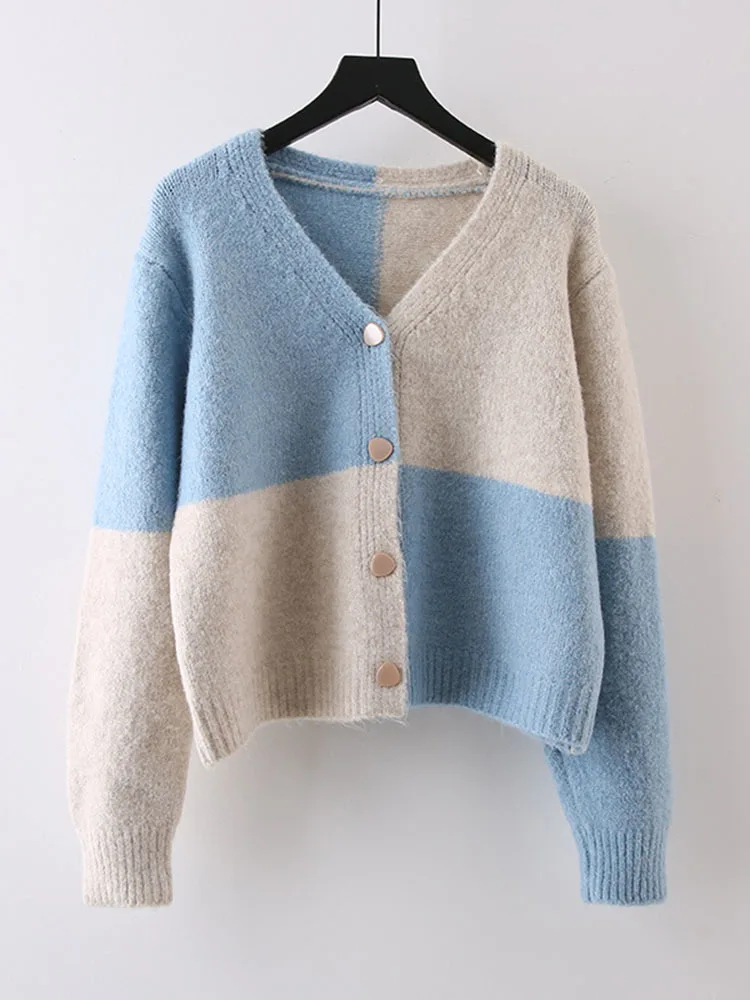 Ladies Oversized Two-Tone Plunge Buttoned Acrylic Sweater