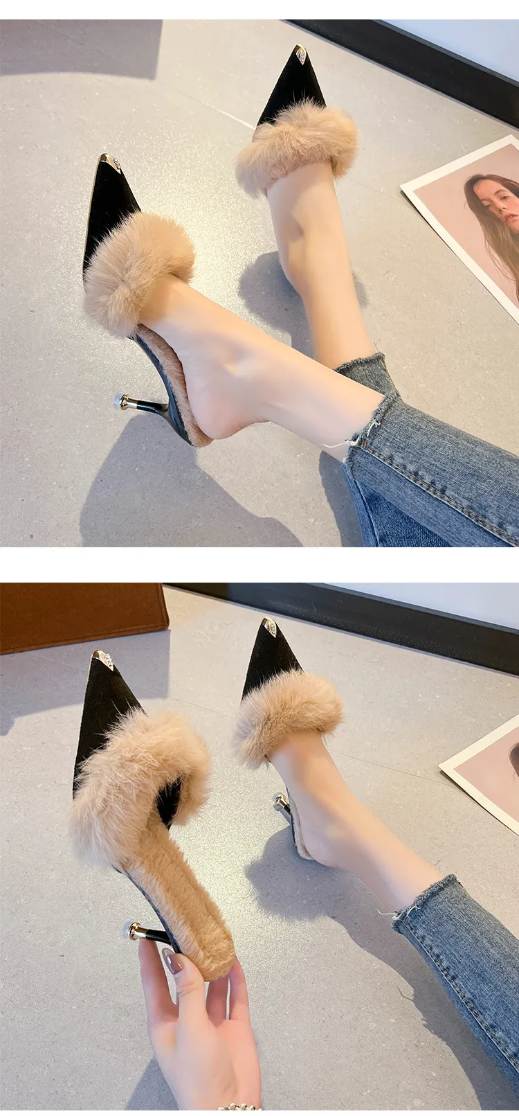Women High Heel Shoes Fur Slippers Mules Pointed Toe Furry Slides Fashion Elegant Luxury Designer Flip Flops Office Pumps