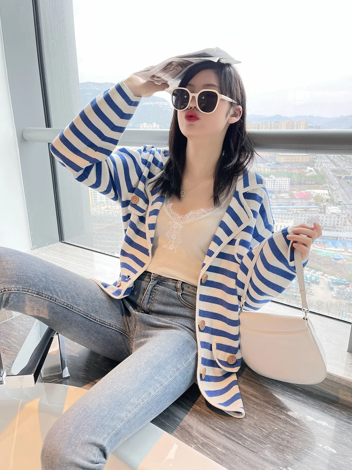 Ladies Relaxed Button Front Colorblock Cardigan