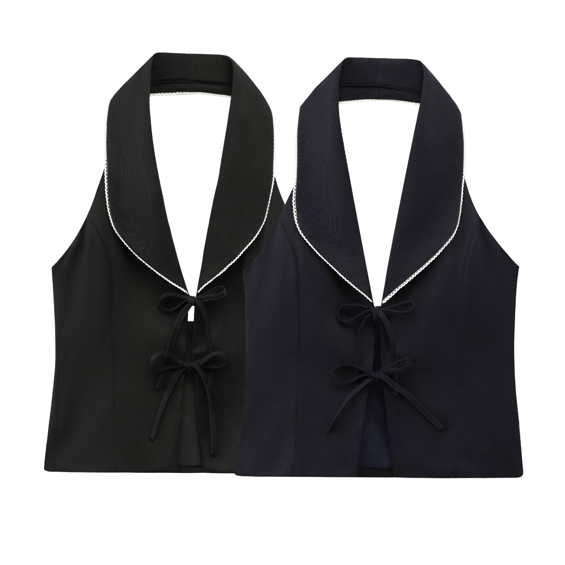Ladies Solid Color Paneled Halter Ribbon Top