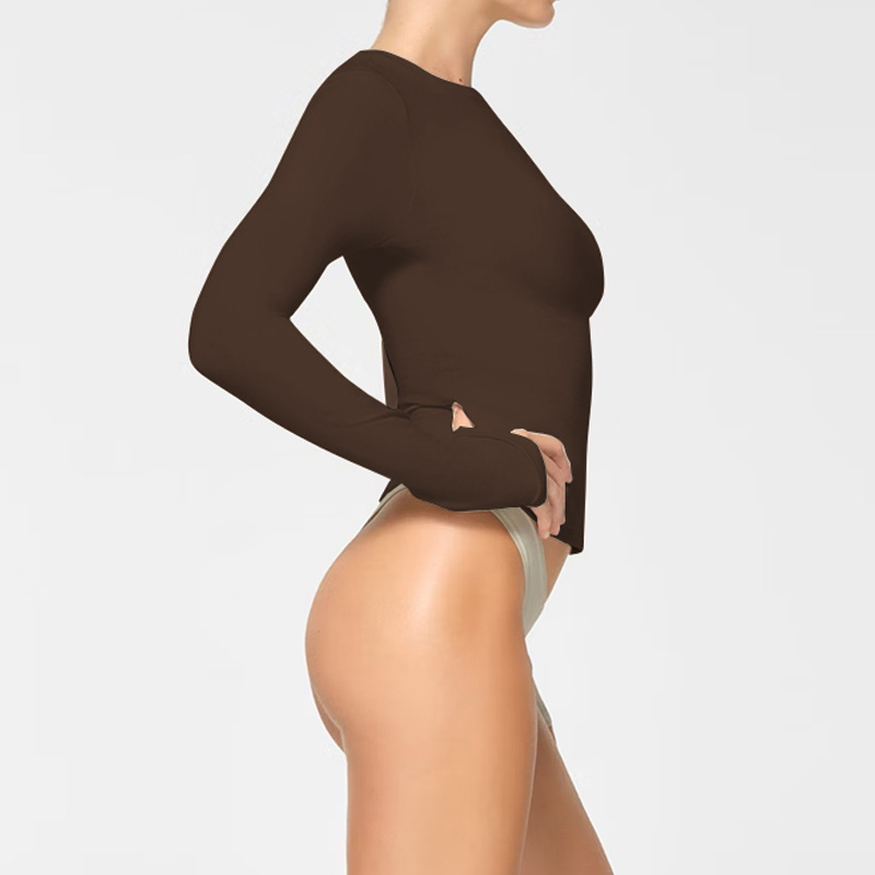 Long sleeved round neck T-shirt solid color slim fit top