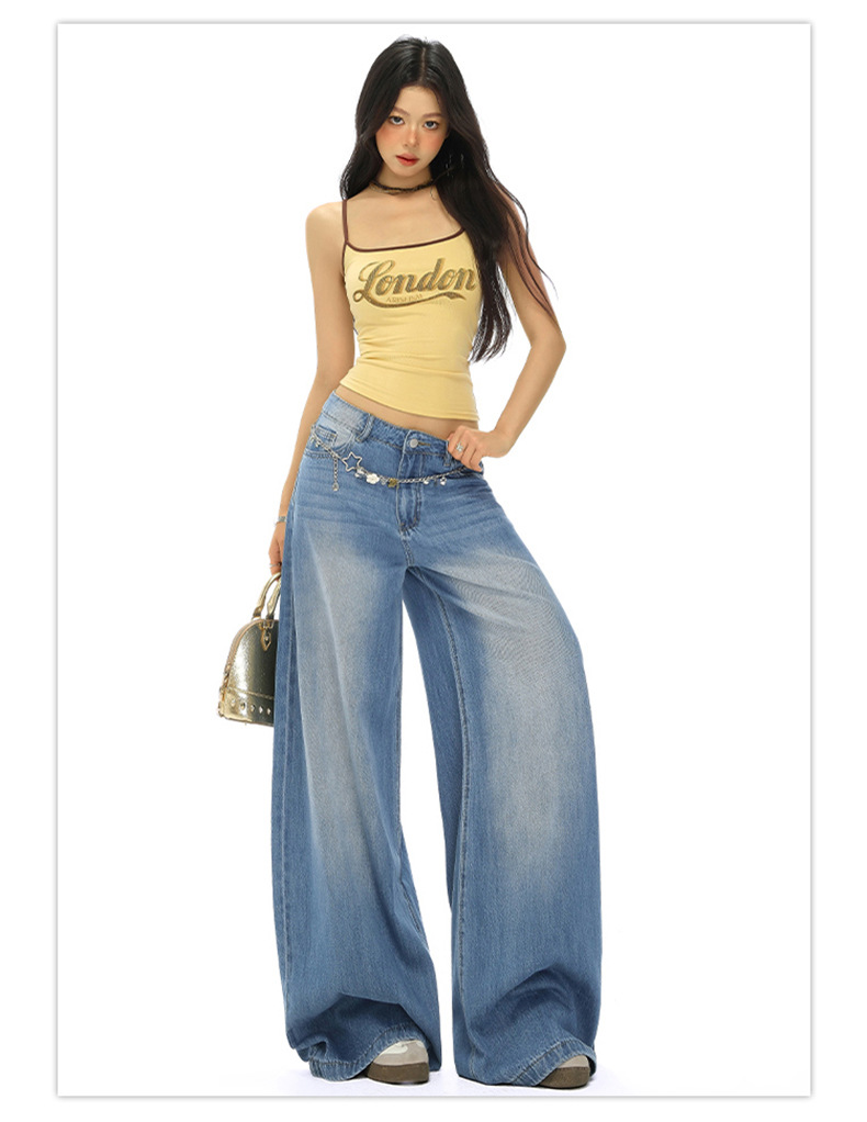 Light Blue High-Waisted Loose Fit Wide-Leg Jeans for Women, Casual Floor-Length Straight Leg Pants