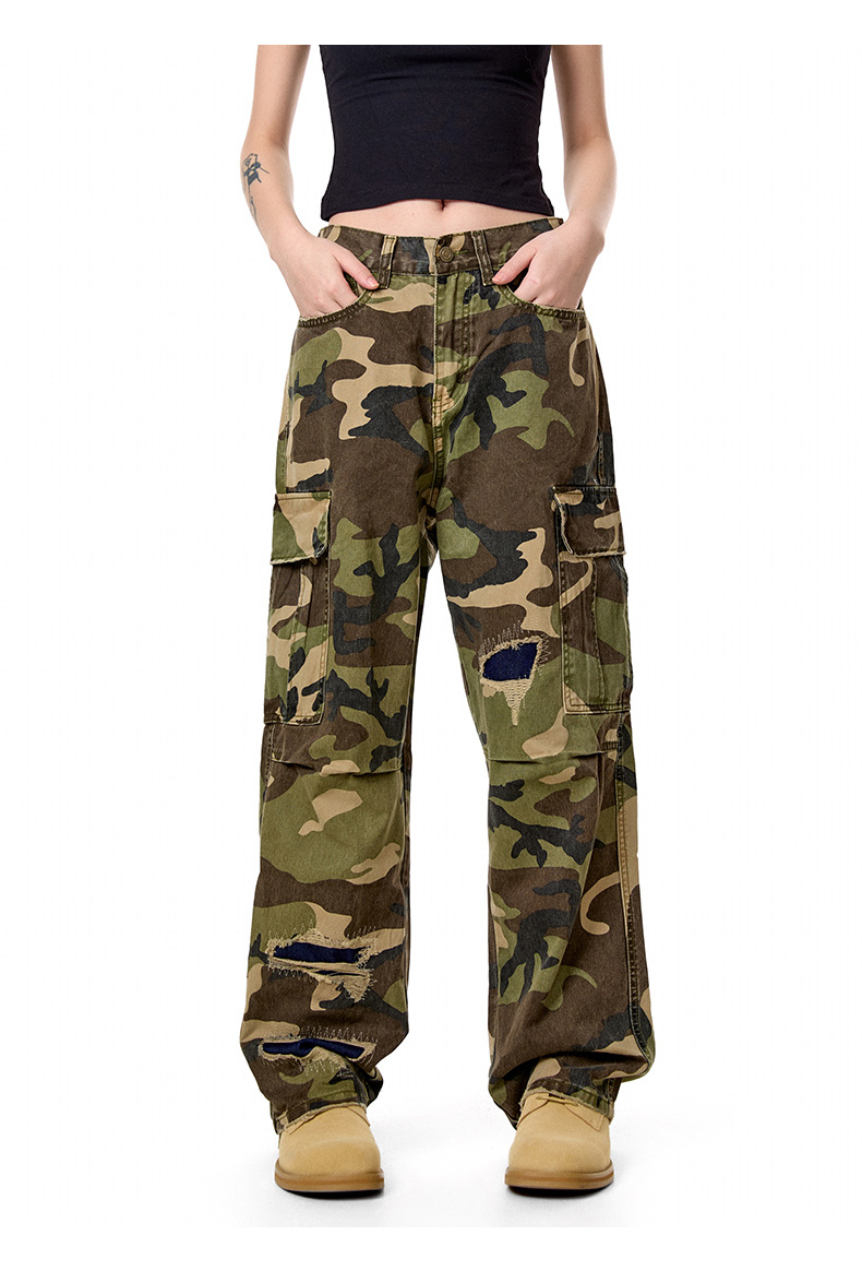 Camouflage Casual Pants with Ripped Patches Loose Straight Leg Trousers with Pockets