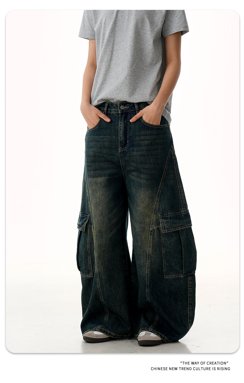 Blue Workwear Tapered Jeans for Men and Women with Multiple Pockets Loose Washed Banana Wide-Leg Long Pants