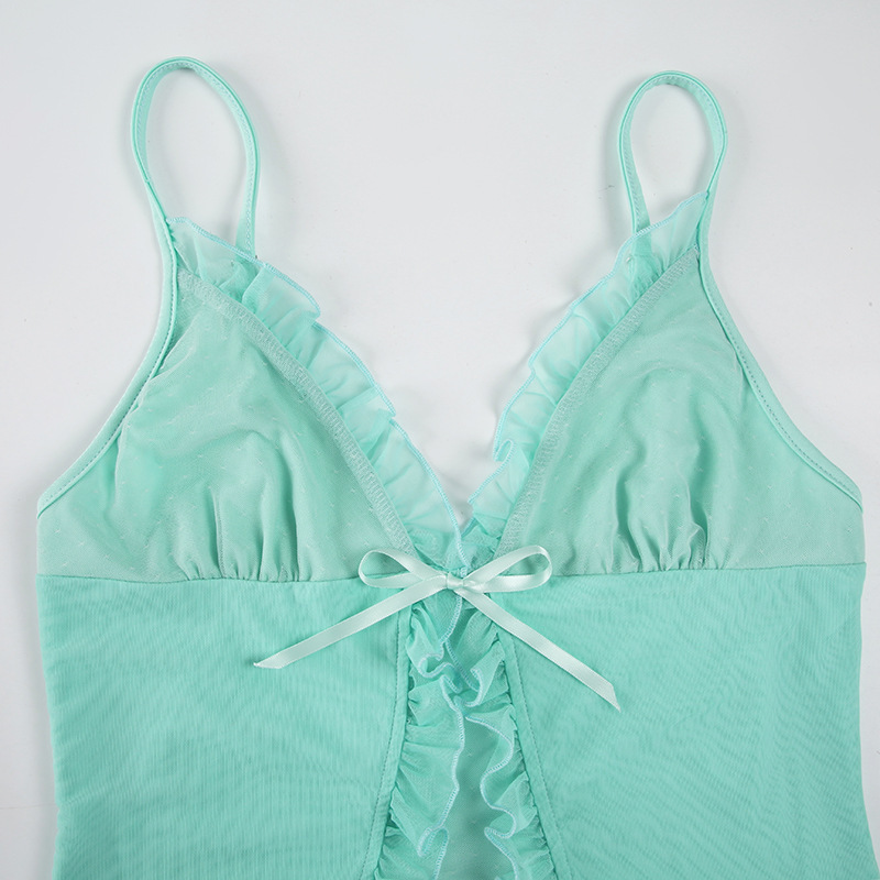 Mesh splicing deep V-neck mint green camisole vest