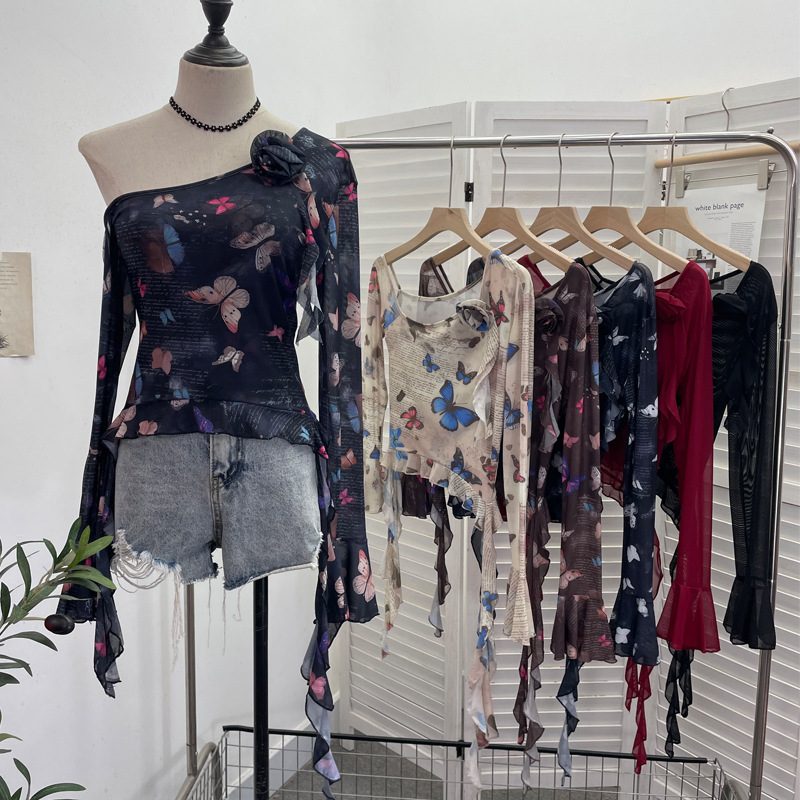 Asymmetric Pointed Floral Off-Shoulder Full Sleeve Top