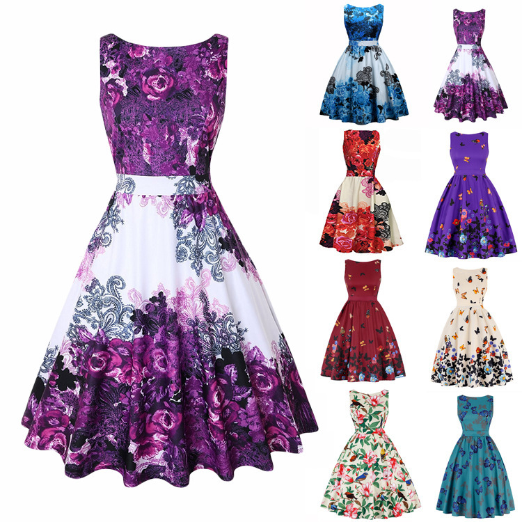 V-Neck Sleeveless High-Rise Flared Vintage Retro Patterned Dress