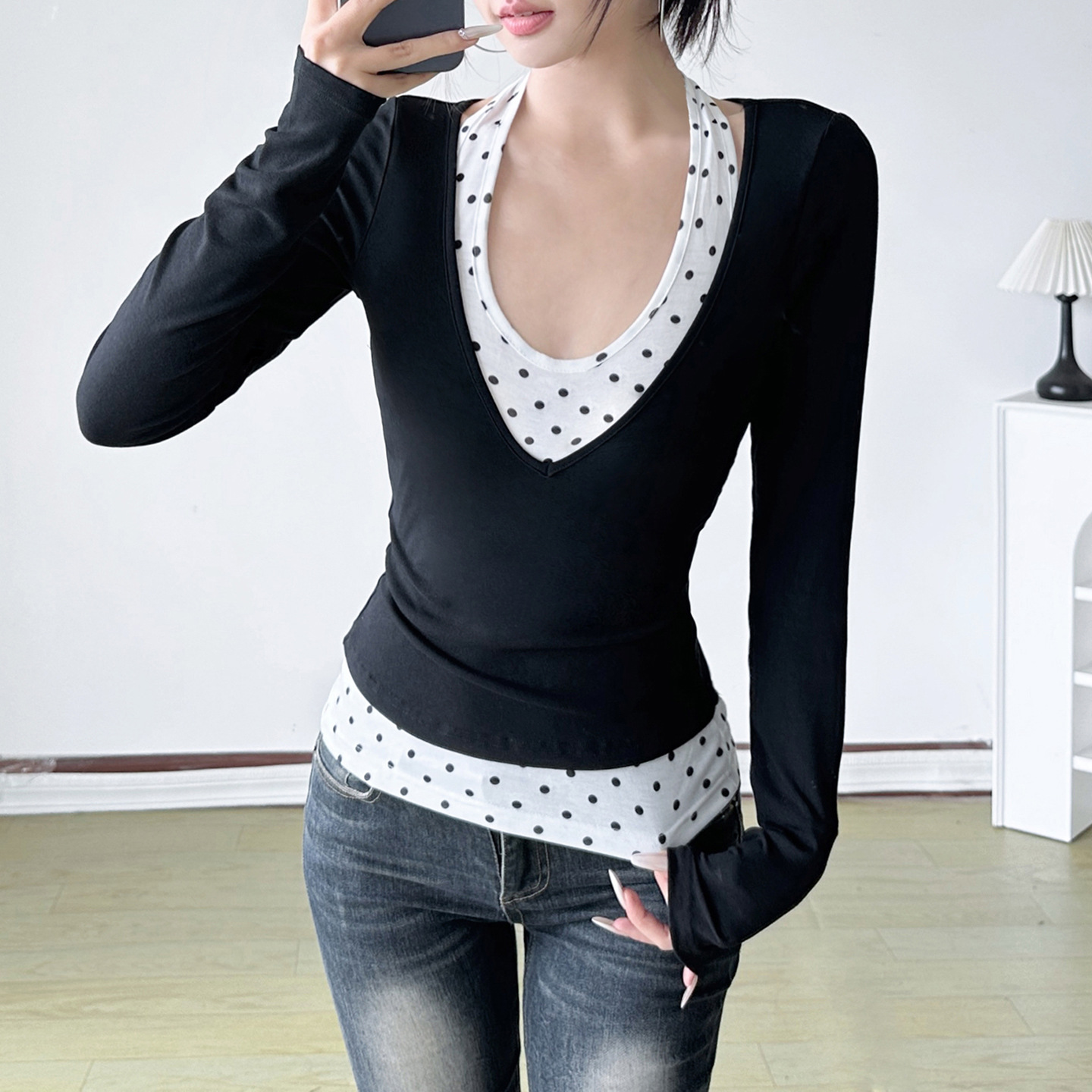 Slim Colorblock Plunge Layered Midriff Top