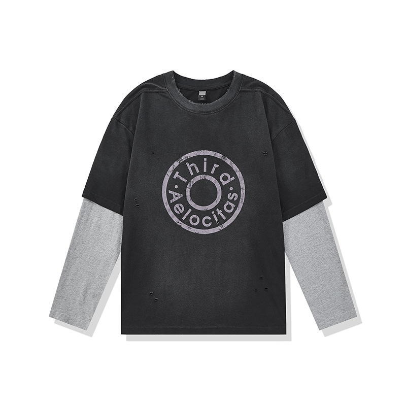 Oversized Vintage Graphic Torn Layered Full Arm T-Shirt