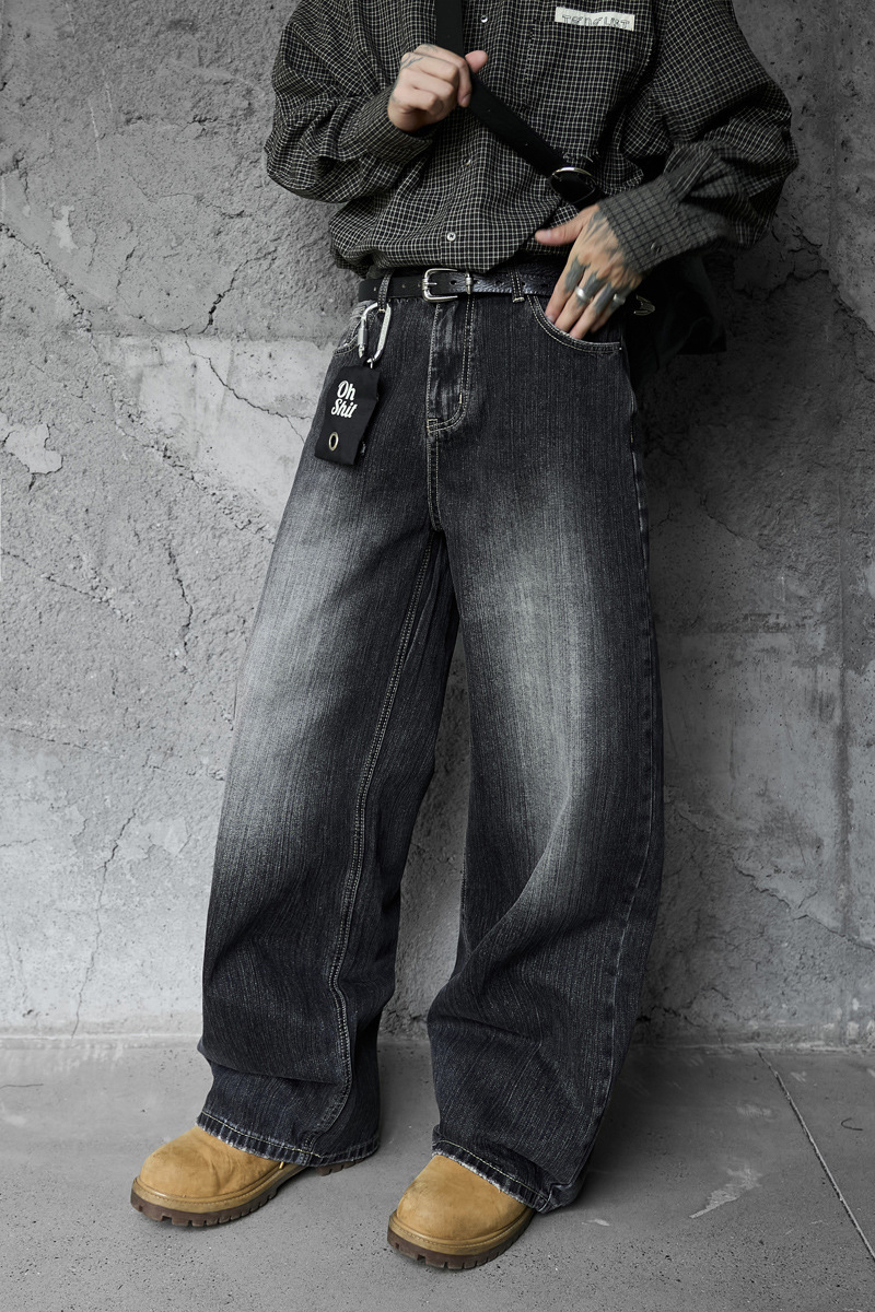 Vintage Washed Gradient Denim Pants Men's Design Street Style Couple Loose Versatile Straight Leg Casual Wide Leg Pants