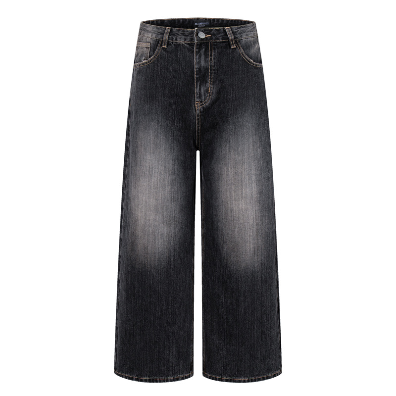 Vintage Washed Gradient Denim Pants Men's Design Street Style Couple Loose Versatile Straight Leg Casual Wide Leg Pants