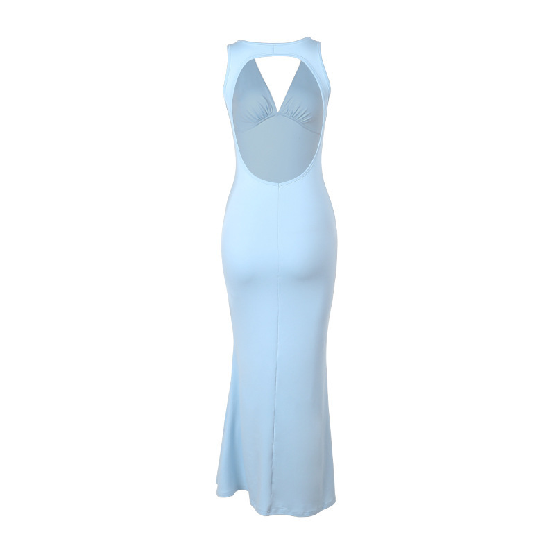 Solid Sleeveless Open Back Deep Neckline Dress