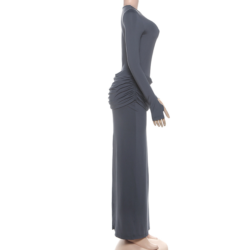 Stretch High-Waist Gathered Full Sleeve Dress