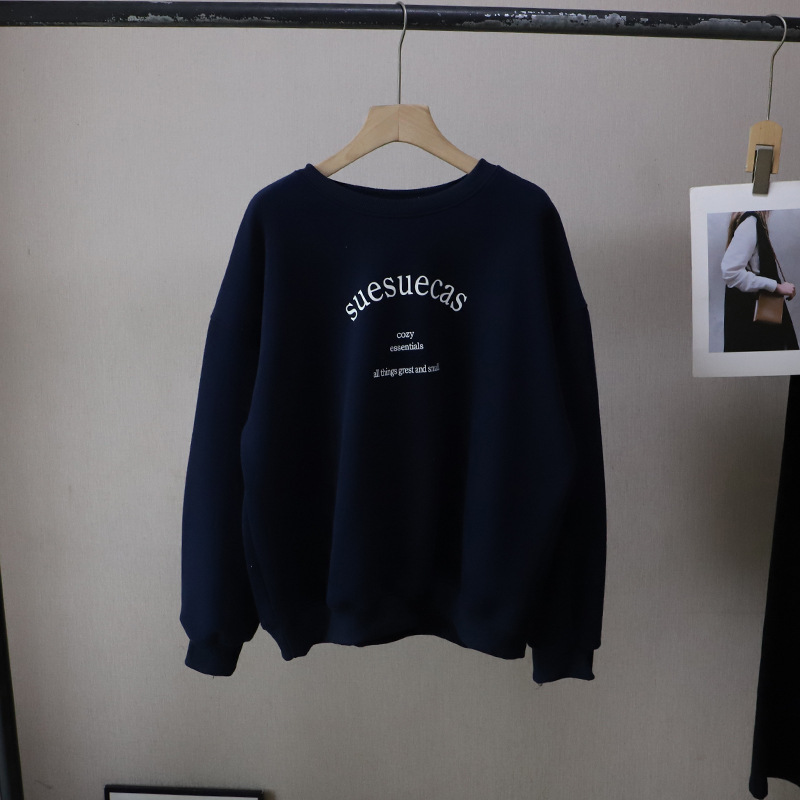 Casual Loose Fleece Lined Hoodie with Letter Print Round Neck Style Women's Sweatshirt