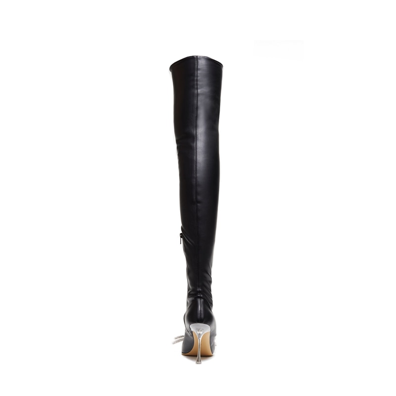 Ladies Rhinestone Knot Pointed Toe Over Knee Boots New Fall Super High Heel and Thigh Boots Side Zipper Sexy Boots