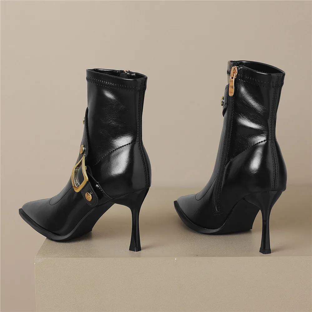 Pointed Toe Women Cow Leather Ankle Boots Thin Heels Zippers Solid Color Metal Rivet Dress Party Shoes