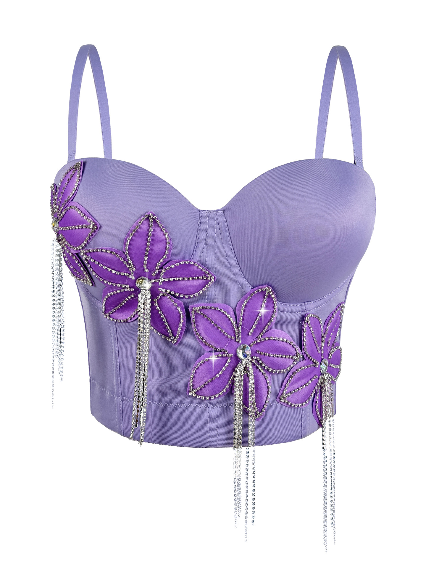 Floral Rhinestone Chain Tassel Boned Bustier Heavy Embroidery Fitted Strapless Camisole Outerwear Sexy Boned Top