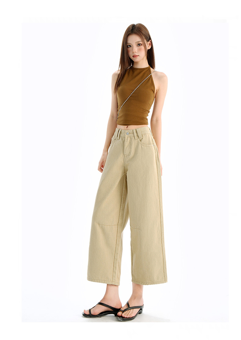 Vintage Washed Calf-Length Denim Pants for Women with Pleated Design, High-Waisted Straight-Leg Wide-Leg Trousers
