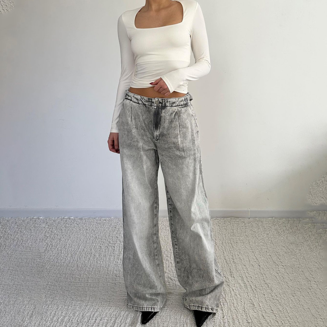 Low Waist Distressed Denim Trousers Street Retro Washed Wide Leg Jeans for Women
