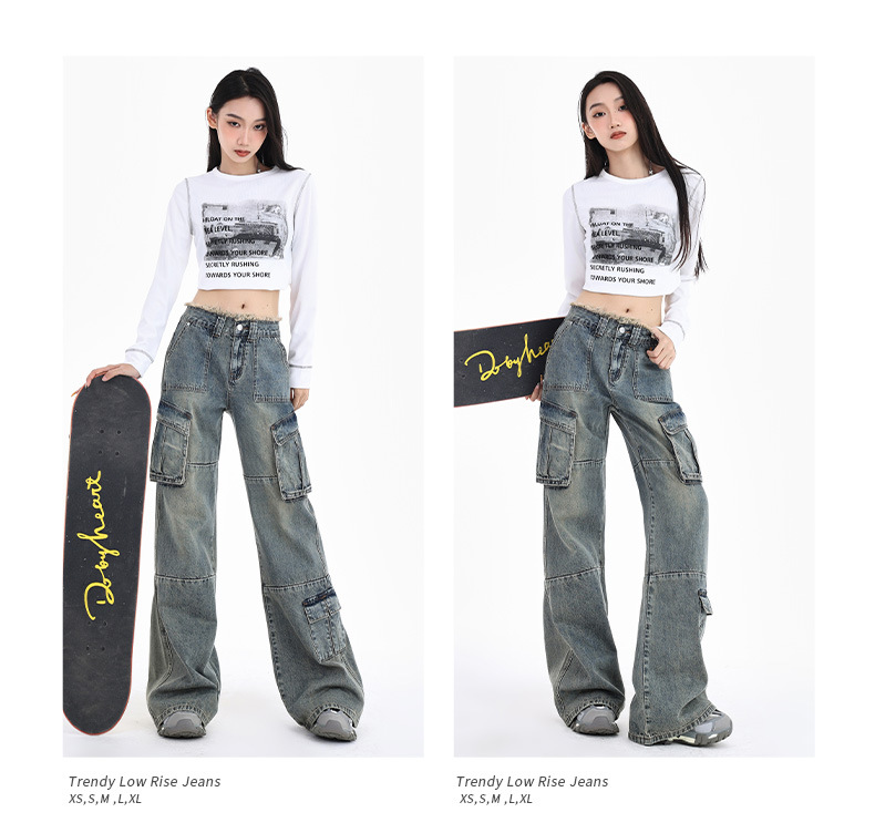 Women's Workwear Denim Pants High Waist Slim Wide Leg Floor-Length Trousers