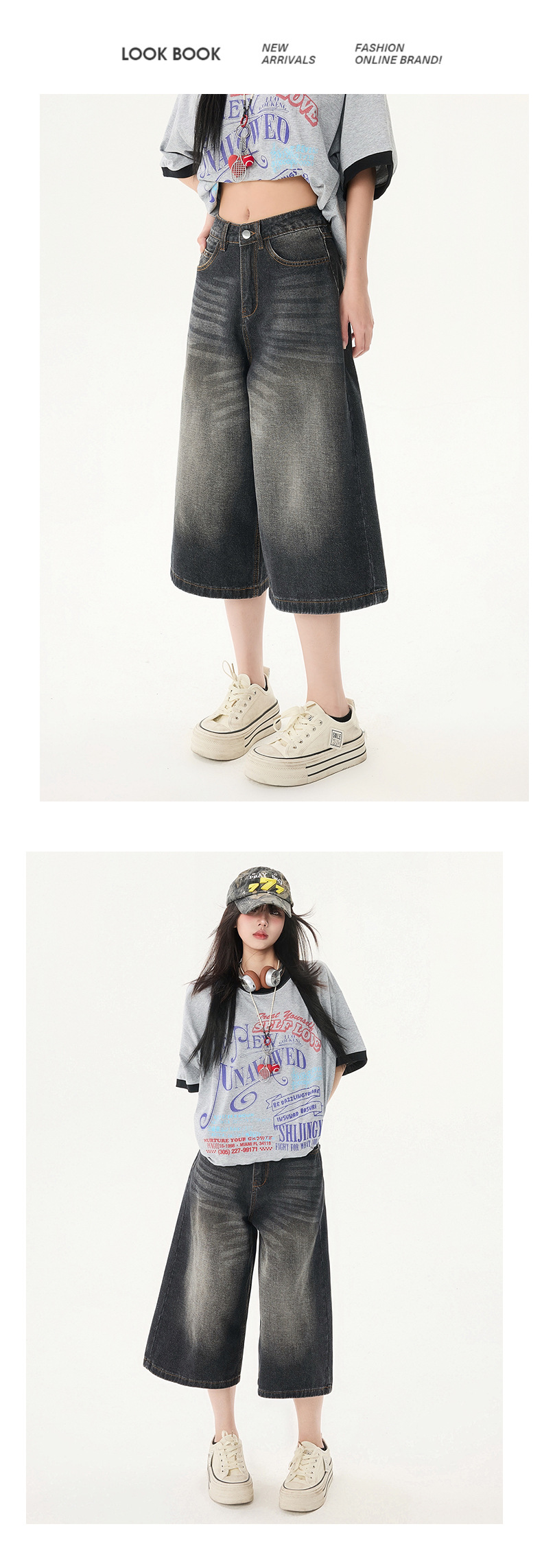 Women's Washed Seven-Quarter Denim Pants Loose Straight Wide-Leg Mid-Length Trousers