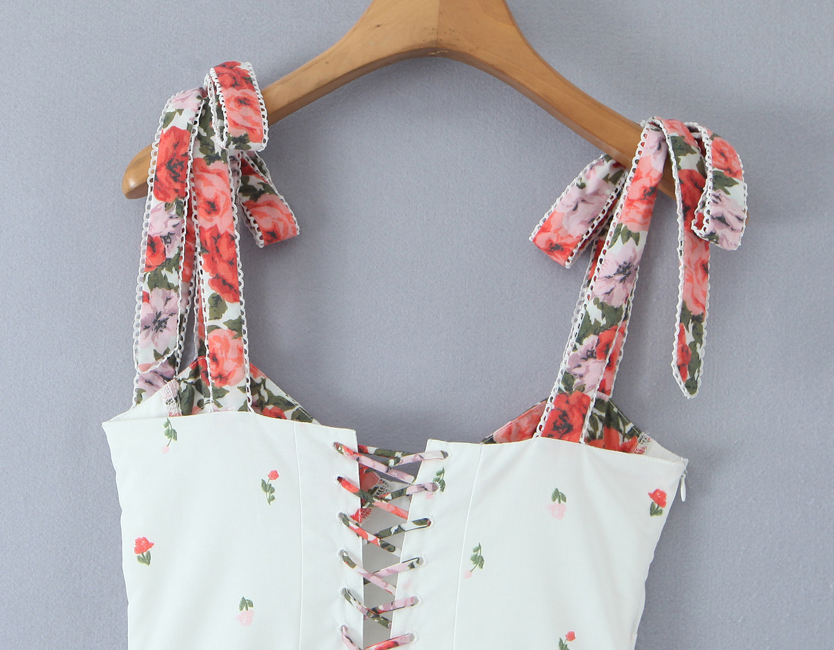 Splicing floral bow tie strap suspender dress