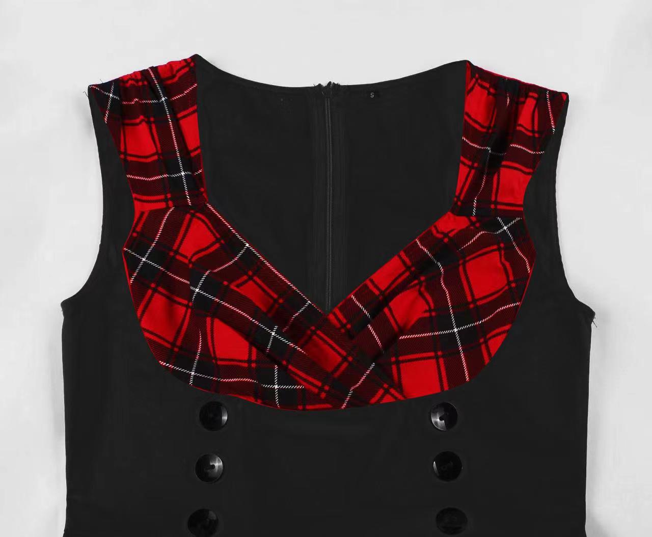 V-Shaped Neck Sleeve-Free Checkered A-Line High-Waist Midi Dress