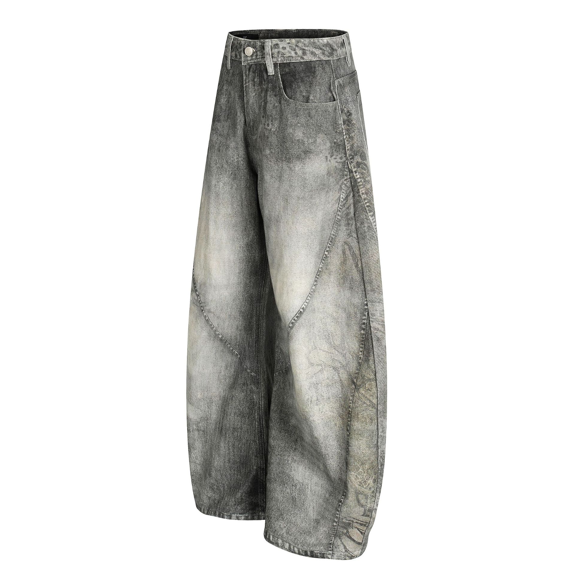 Washed Blue Vintage Distressed High-End Design Men's Loose Knife-Shape Jeans