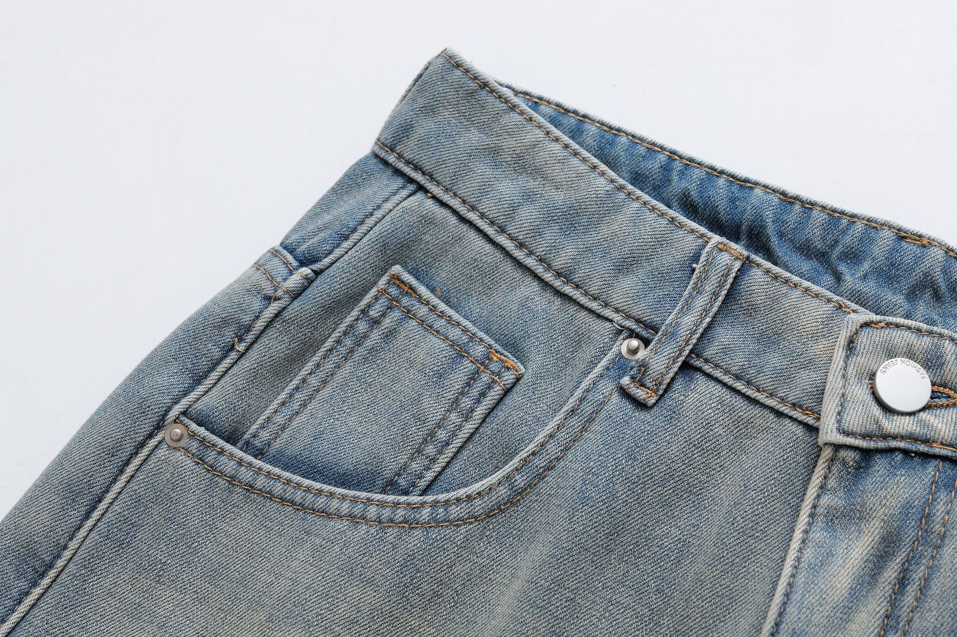 Vintage washed light blue warm and plush long straight leg jeans