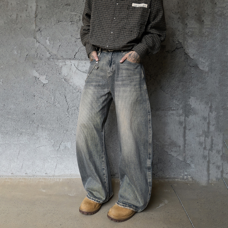 Washed Gradient Knife-Edge Denim Pants Men Streetwear High-Street Vibe Loose Straight Leg Wide Leg Pants