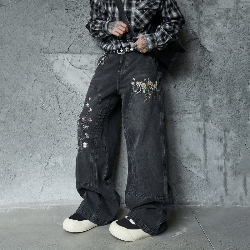 Casual Knife-Edge Pants for Men, Loose Straight-Leg Patchwork Denim Pants, Embroidered Wide-Leg Long Pants