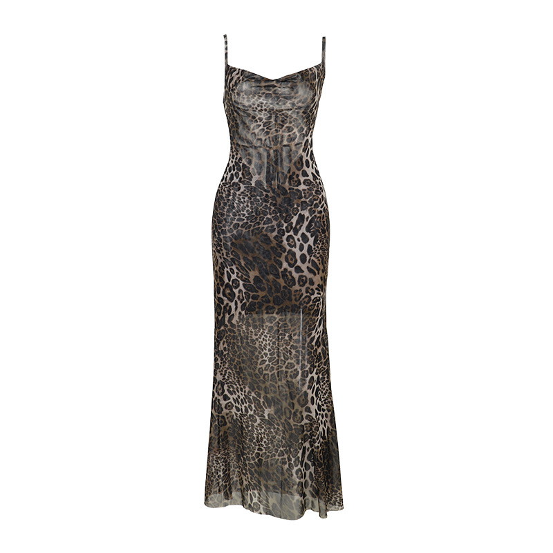 Hooded Sleeveless Leopard Print Open Back Polyester Dress
