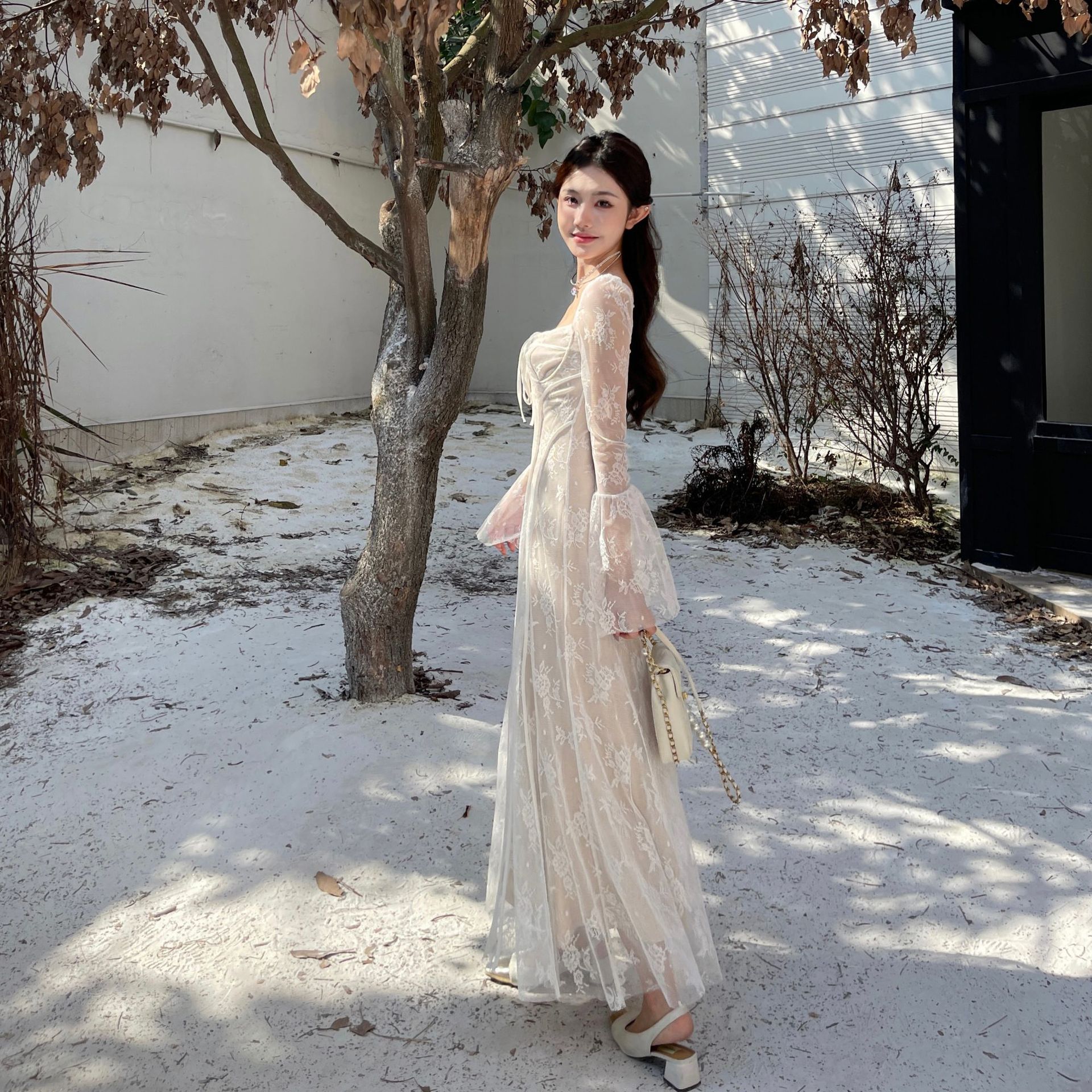 Square Neck Long Sleeve Polyester Maxi Dress
