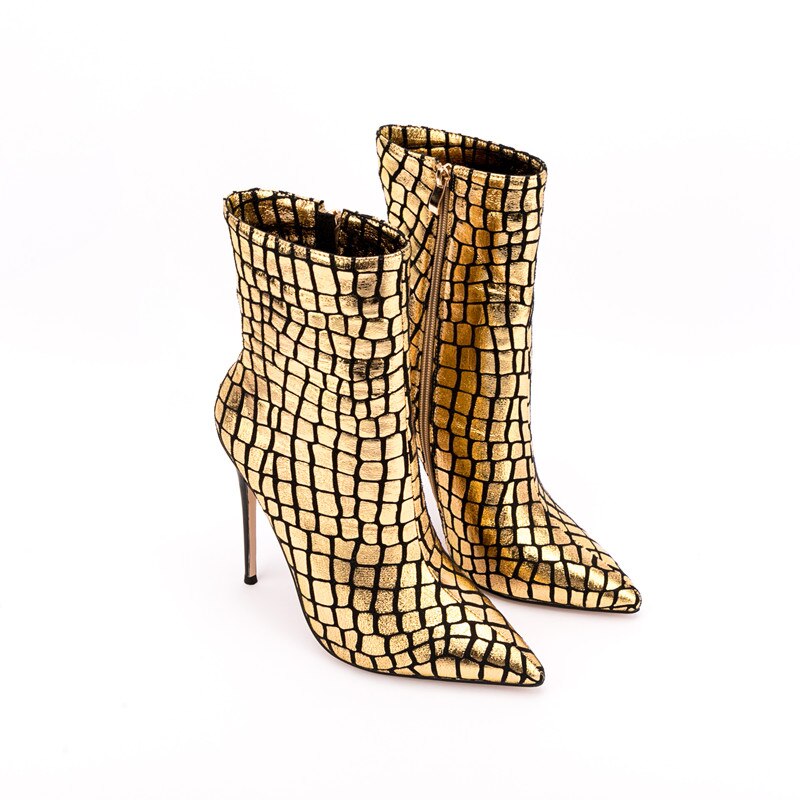 Pointed Toe Super High Heel Ankle Boots Ladies Party Shoes Side Zipper Shiny Stone Pattern Gold Sexy Winter Autumn Fashion Shoes