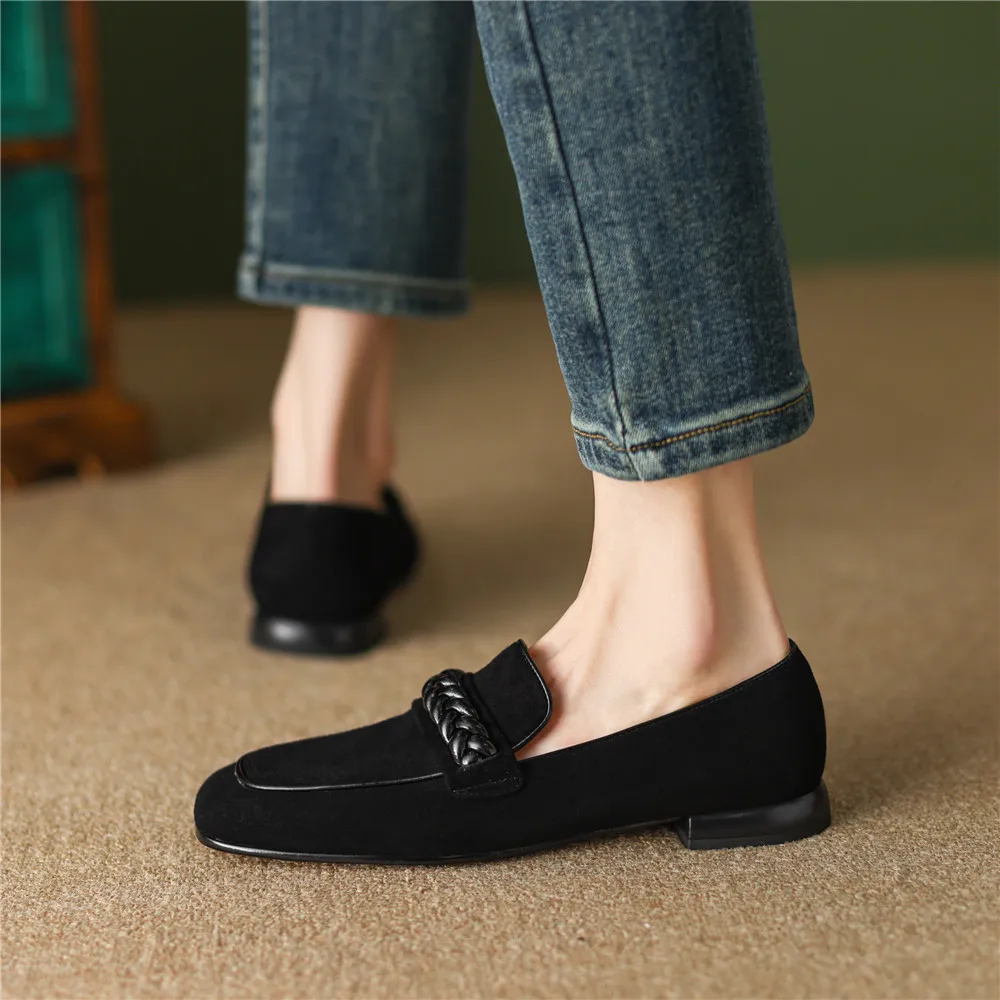 Concise Solid Color Women Soft Kid Suede Flats Slip On Round Toe Casual Street Shoes Handmade For Ladies