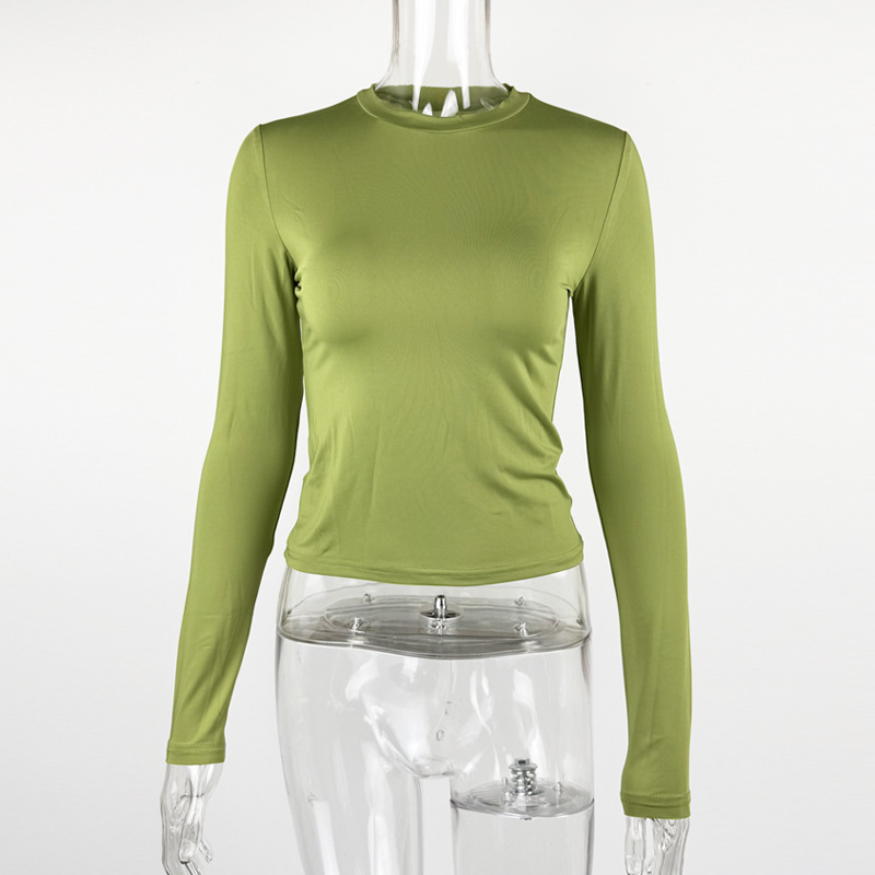 Long sleeved round neck T-shirt solid color slim fit top