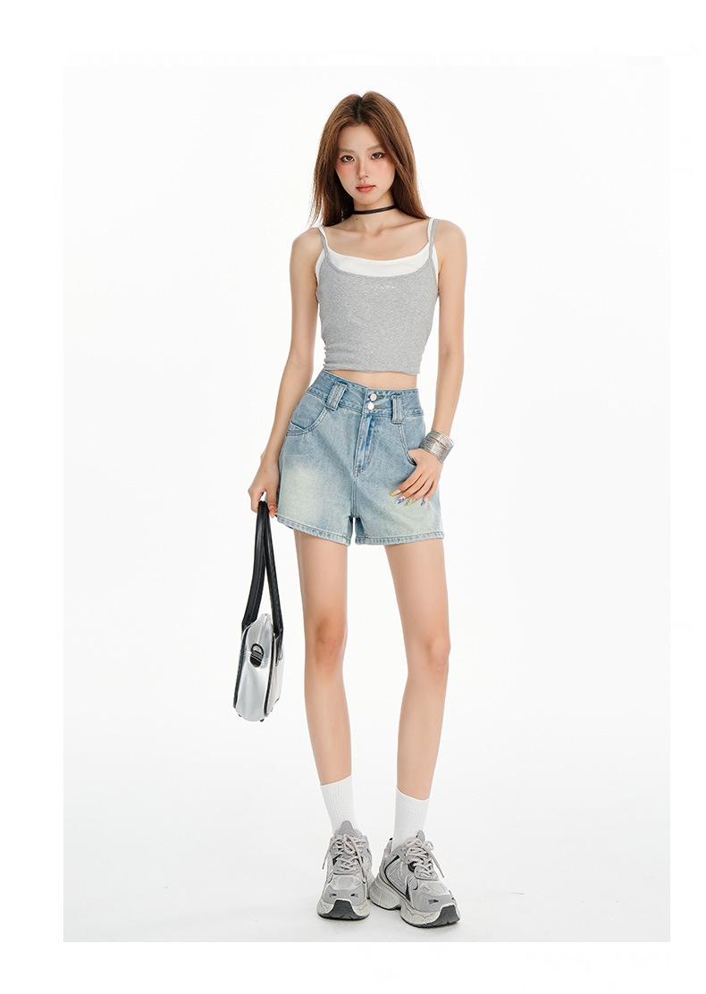 Light Blue High-Waisted A-Line Denim Shorts for Women Loose and Slim Fit Wide-Leg Hot Pants