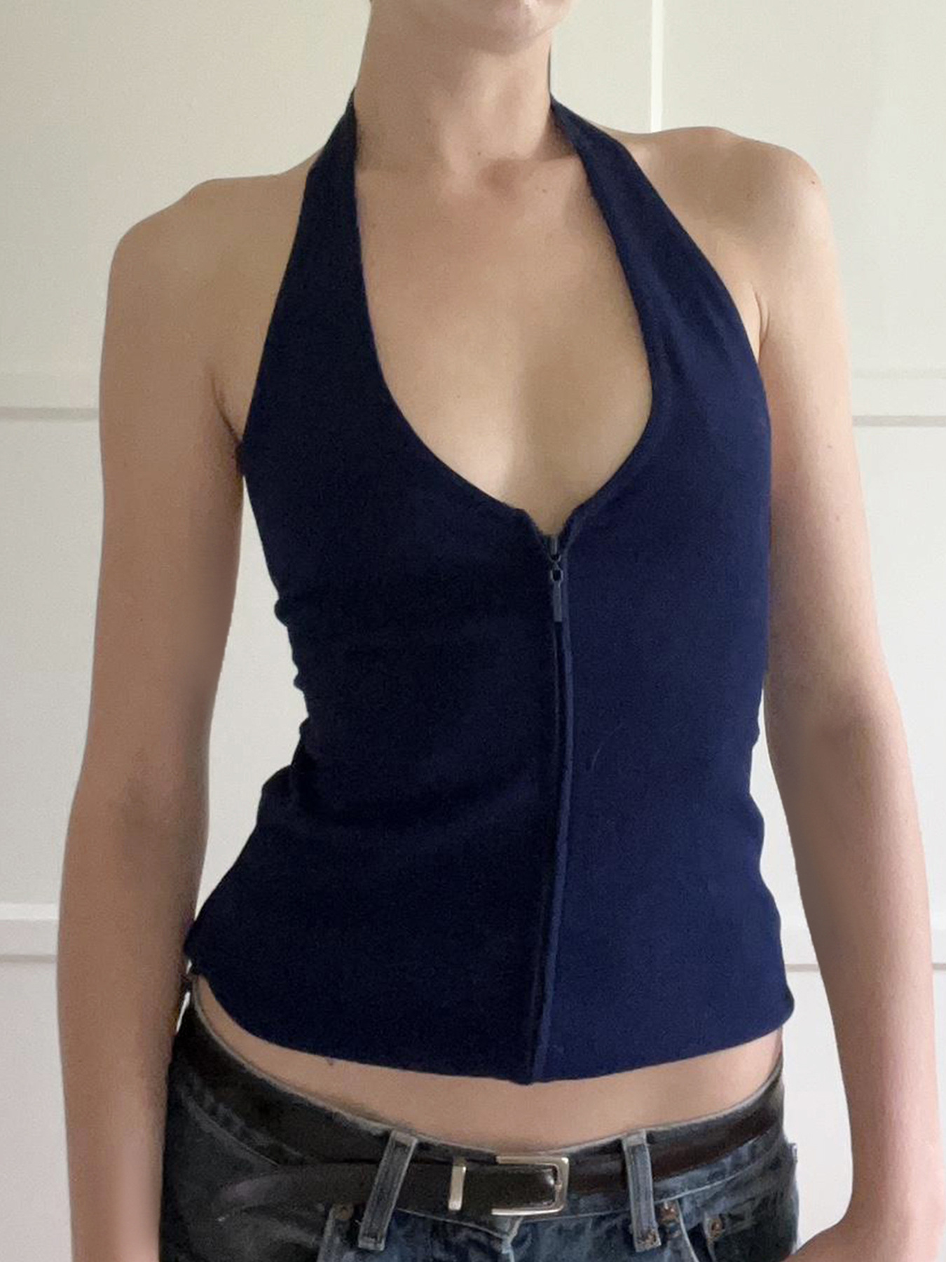 Sexy Low-Cut Zipper Halter Knitted Strap Women's Pure Color Versatile Elegant Slim Top