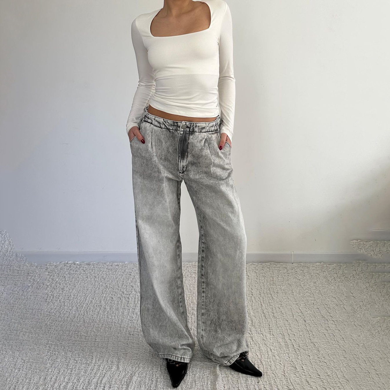 Low Waist Distressed Denim Trousers Street Retro Washed Wide Leg Jeans for Women