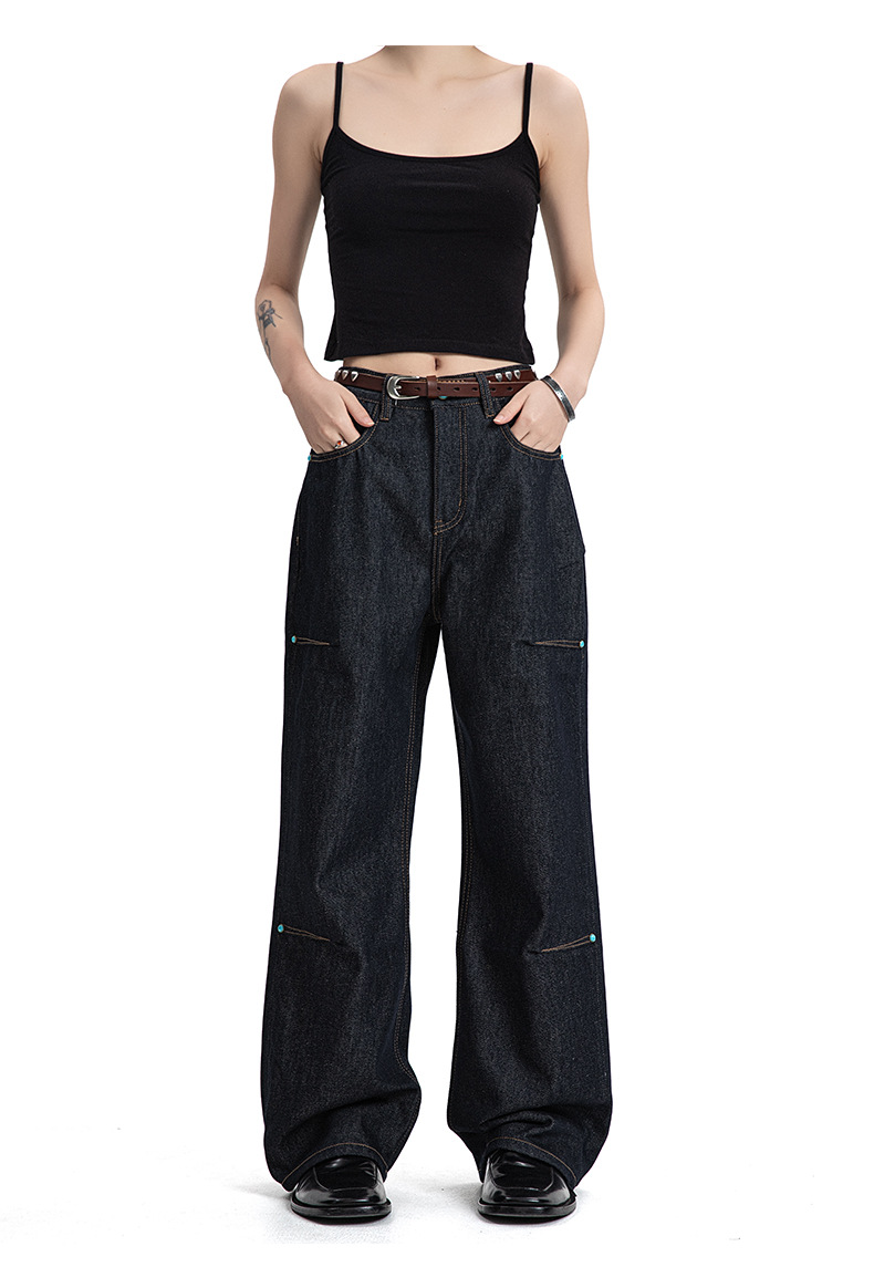 Denim Pants Deep Blue Straight Flared Wide Leg A-Line Trousers